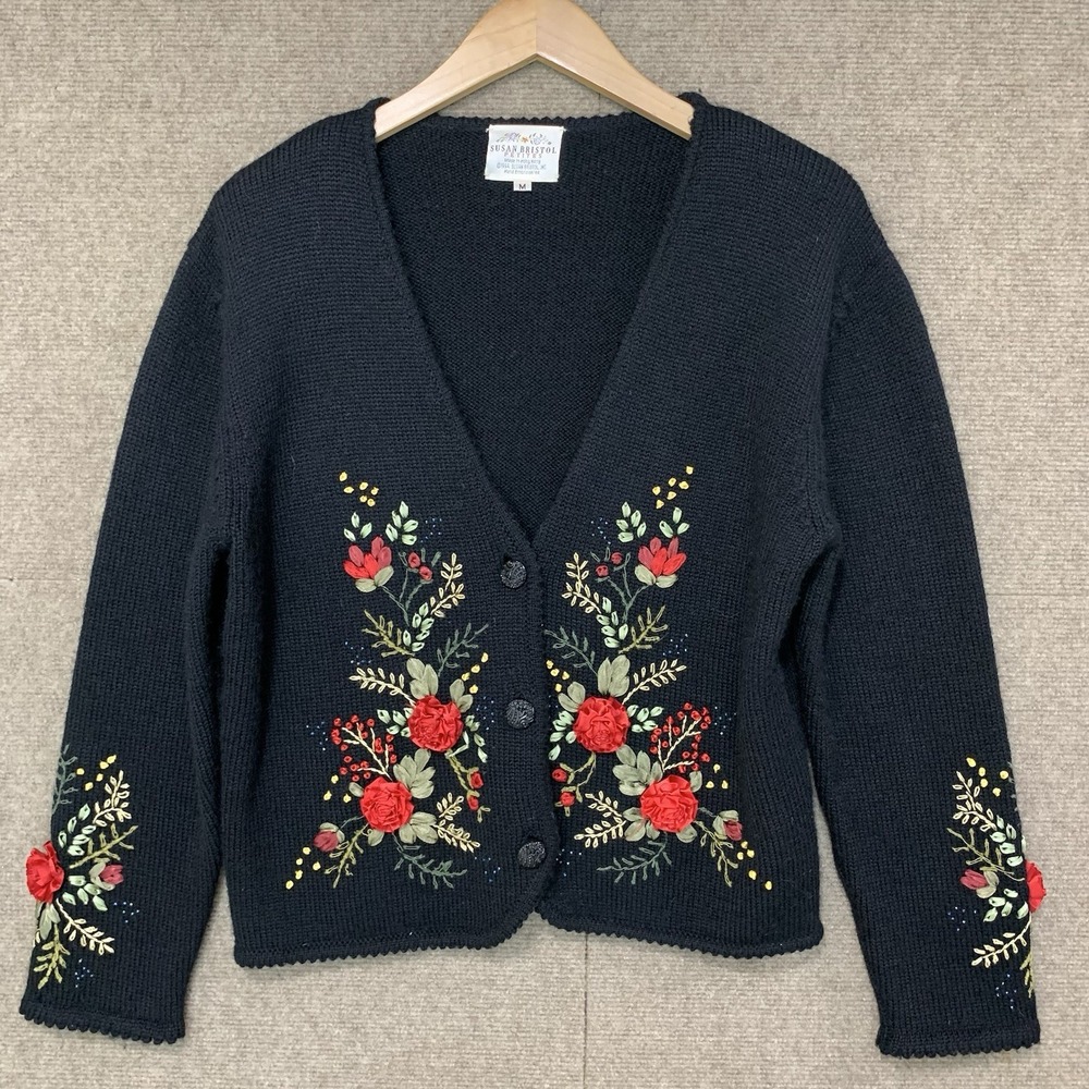 Susan Bristol Women's Hand Embroidered Sweater Grandma 100% Wool Sz M Cozy Folk